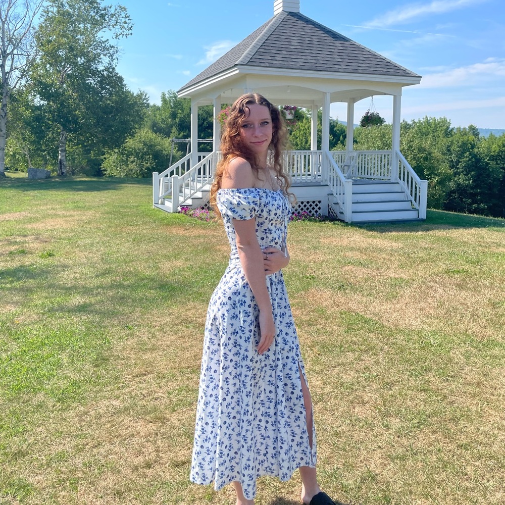 Long sundress nice for a picnic. Is white w/ blue flowers and off the shoulder.